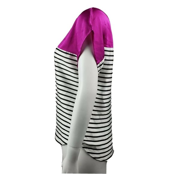 Boston Proper Top Womens Size 2 Pink Black & White Striped Short Sleeve - Picture 2 of 7